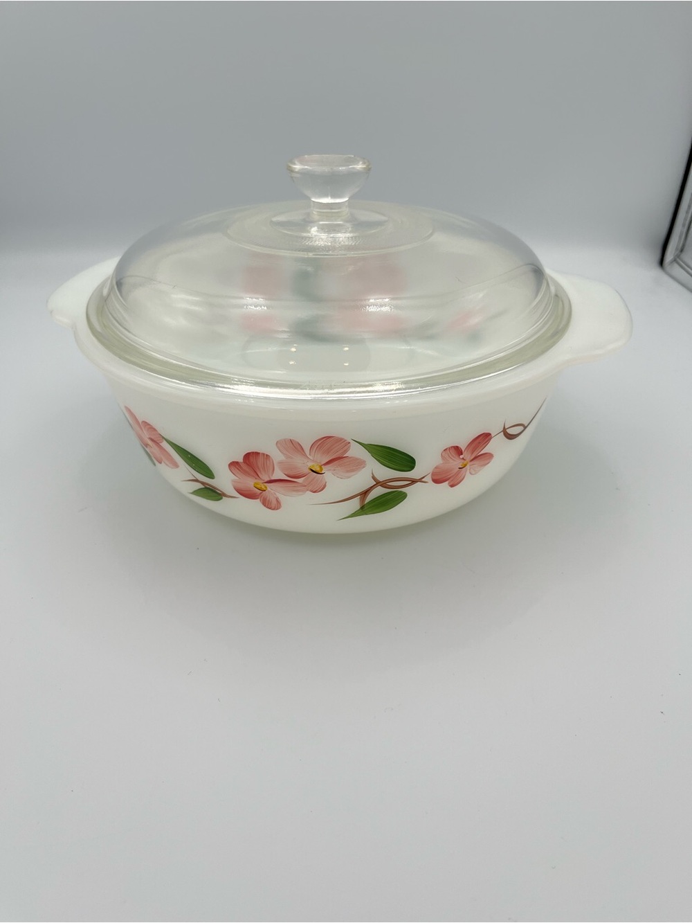 Vtg 2 QT Anchor Hocking Fire King Milk Glass Peach Blossom Casserole Dish W/Lid